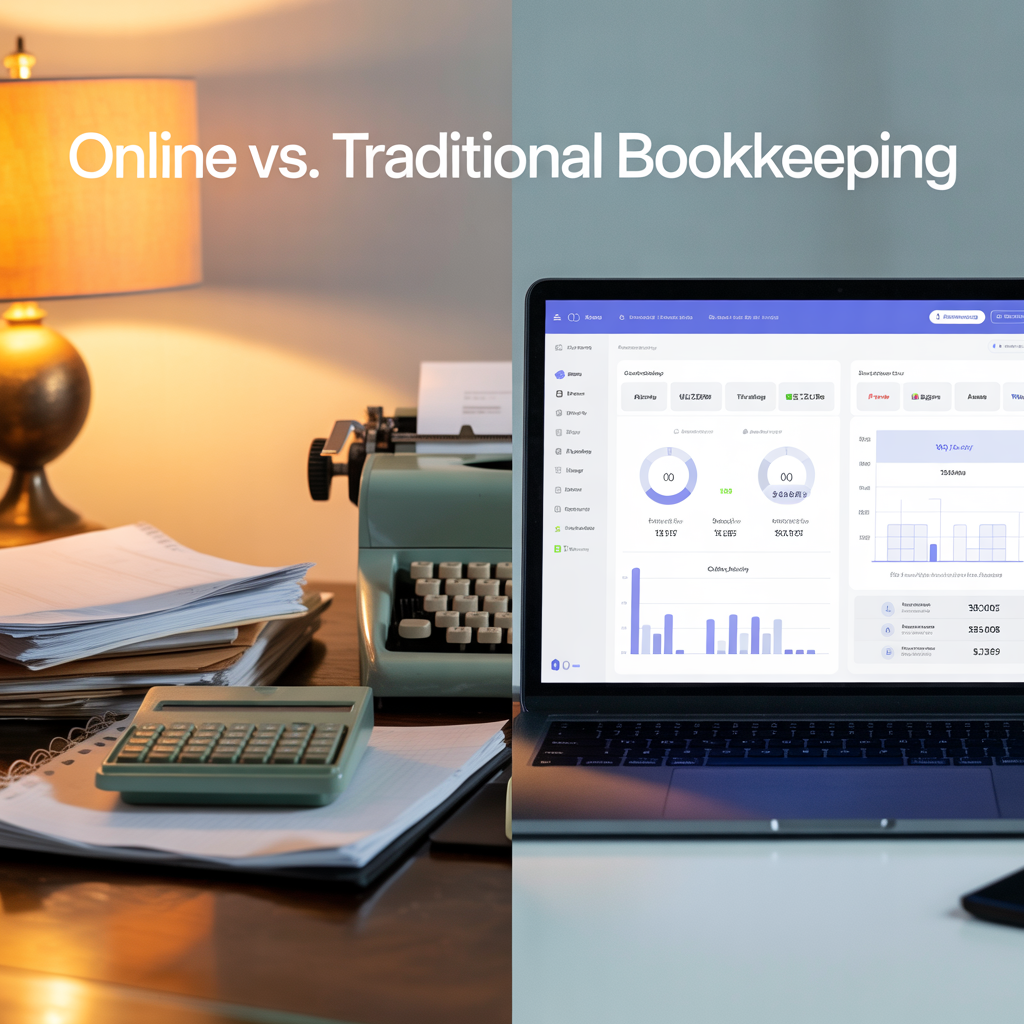 Comparison of online and traditional bookkeeping methods showing cloud accounting software versus manual record-keeping — Rocket Bookkeeper USA.